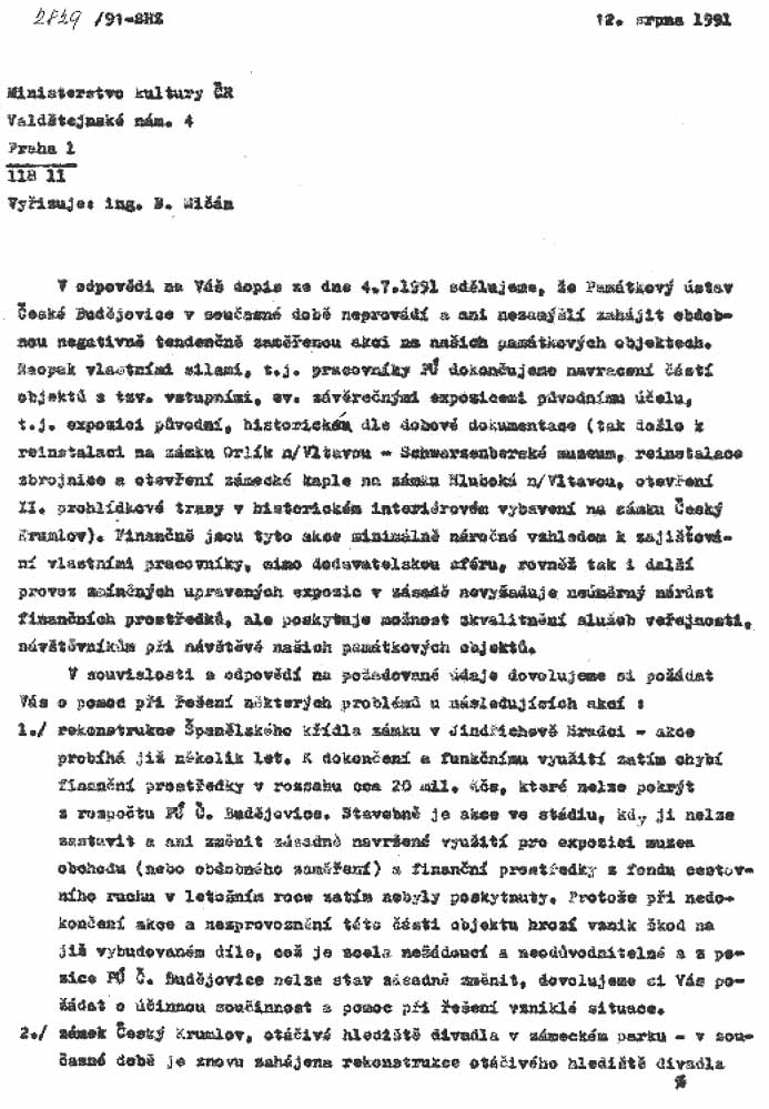������dost P��� ���. Bud���jovice o pomoc ���e���en��� stavby ot������iv���ho hledi���t��� adresovan��� Ministerstvu kultury ���R, list 1