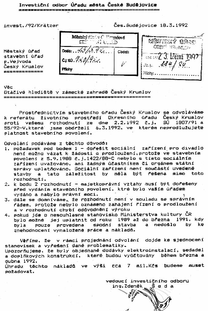 Odvol���n��� ������adu m���sta ���. Bud���jovice proti zam���tnut��� ������dosti o prodlou���en��� stavebn���ho povolen��� vydan��� stavebn���m ������adem M�����.���Krumlov, list 1