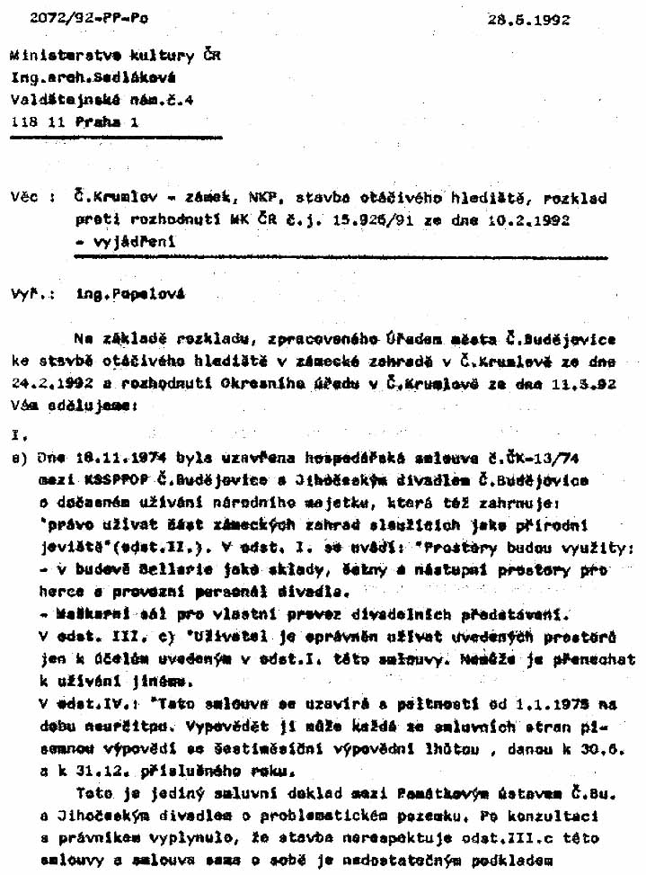 Vyj���d���en��� Pam���tkov���ho ���stavu ���.���Bud���jovice k rozkladu M�����.���Bud���jovice proti rozhodnut��� MK ���R ze dne 10.2.1992, list 1