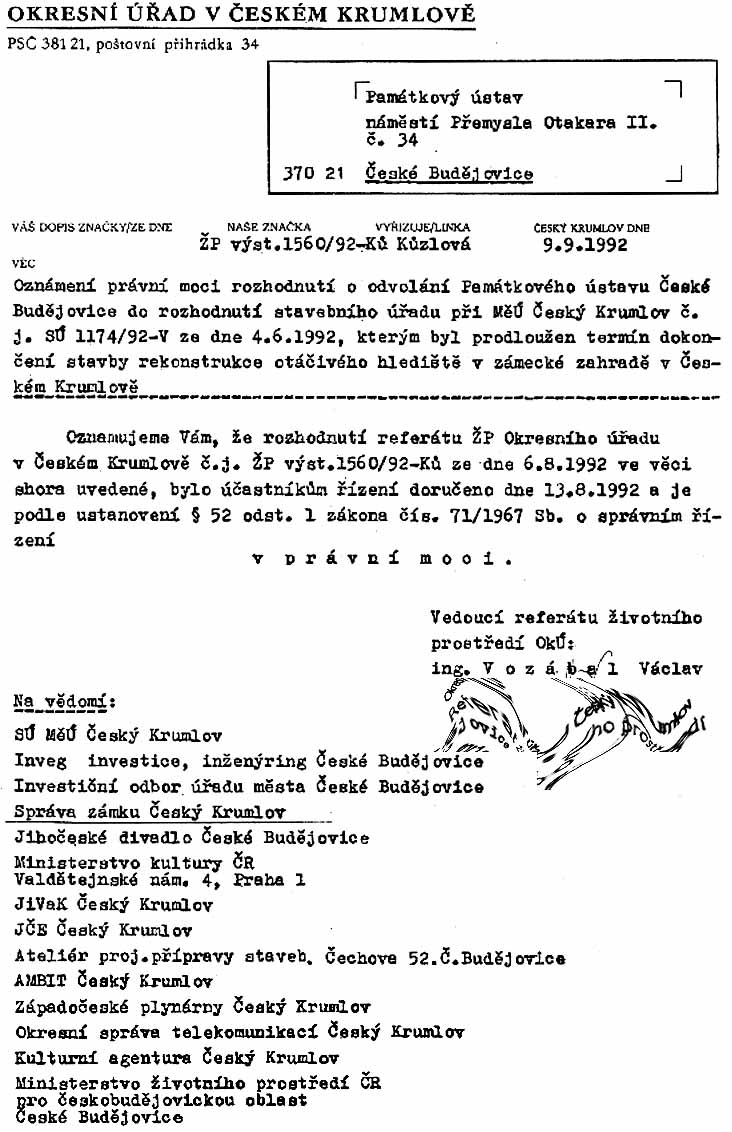 Ozn���men��� Okresn���ho ������adu ���.���Krumlov o nabyt��� pr���vn��� moci rozhodnut��� proti odvol���n��� Pam���tkov���ho ���stavu ���.���Bud���jovice, list 1