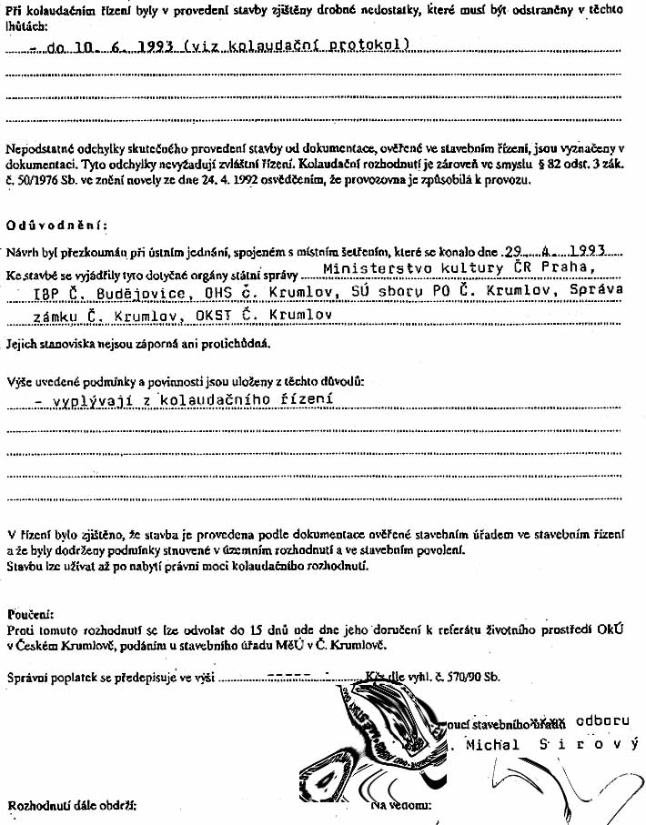 Kolaudační rozhodnutí MÚ Č. Krumlov o povolení úžívání otáčivého hlediště, list 2
