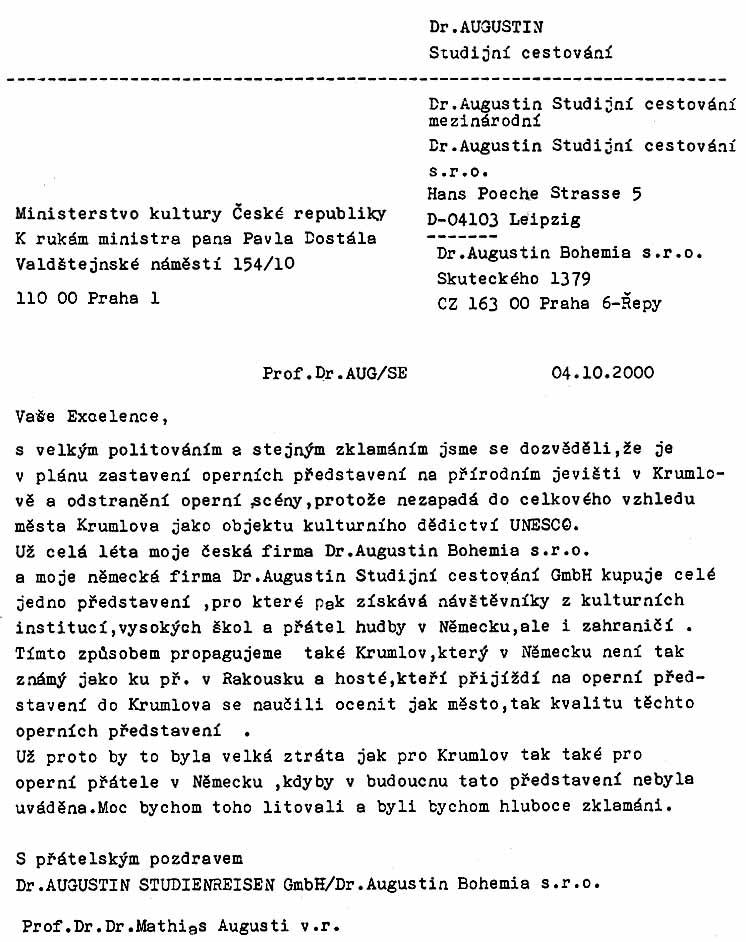 Dopis Prof.Dr.Dr. Mathiase Augustiho Ministrovi kultury ���esk��� republiky Pavlu Dost���lovi, list 1